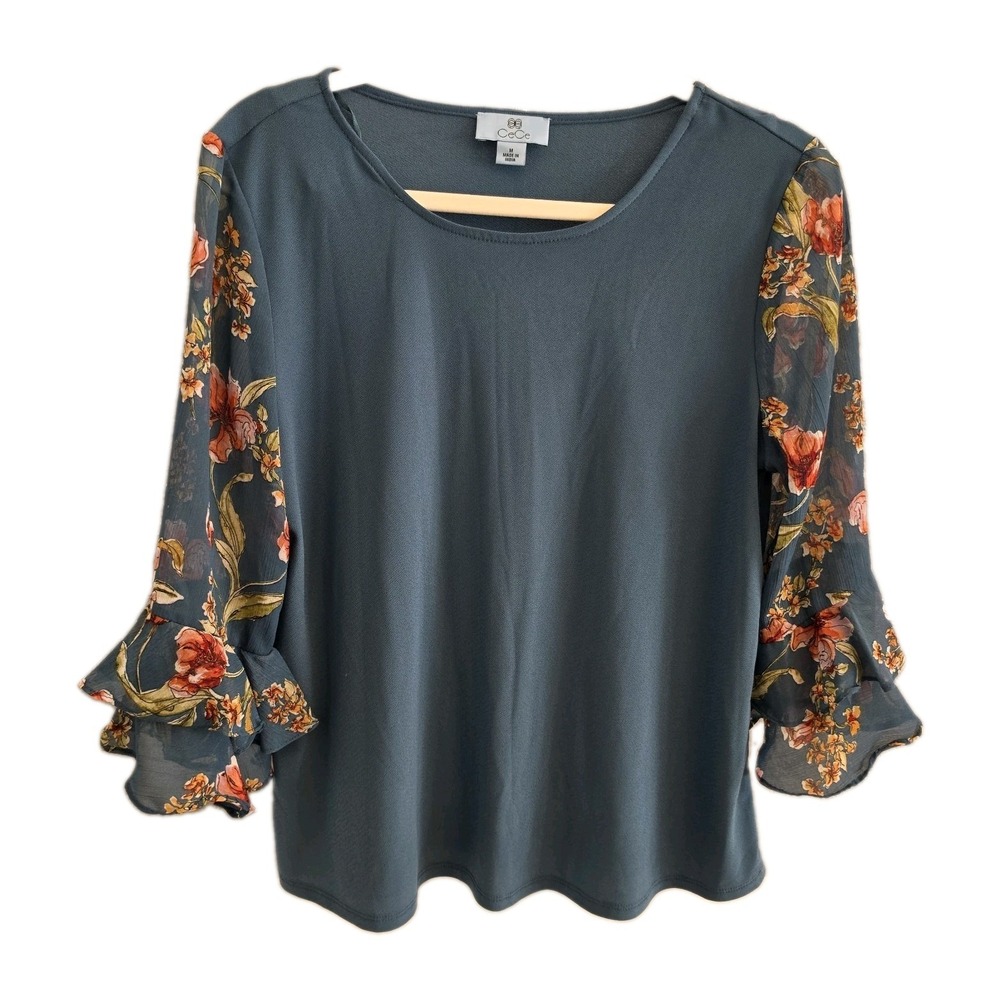 CeCe‎ Women's Teal Knit Crewneck Top - Floral Flutter Long Sleeve - Stretch - M